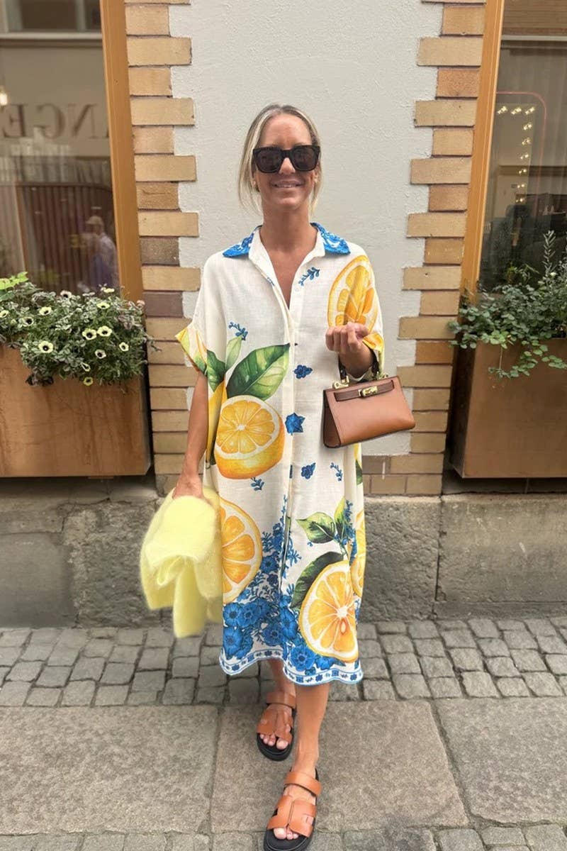 CWDMD946_LEMON PRINT LOOSE SHORT-SLEEVED SHIRT DRESS