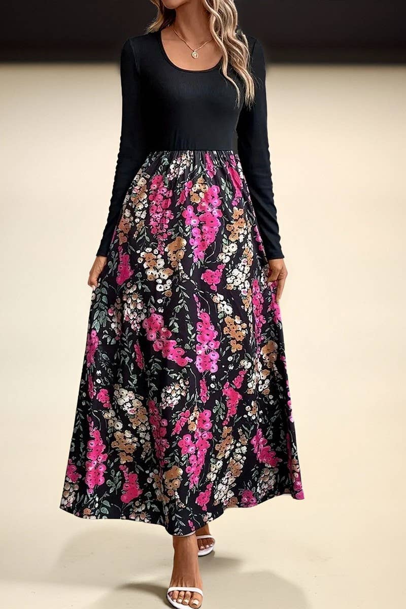 CWDMD01206_FLORAL PRINT COLORBLOCK LONG-SLEEVED DRESS