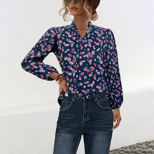 Lantern sleeve V-neck lace-up vintage shirt