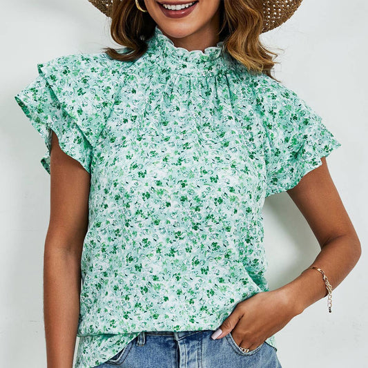 DOUBLE-SLEEVED LOOSE PRINTED SHORT-SLEEVED TOP