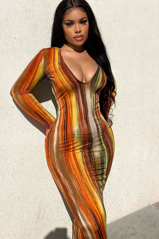 CWDMD4862_V-NECK PRINTED LONG-SLEEVED BODYCON DRESS