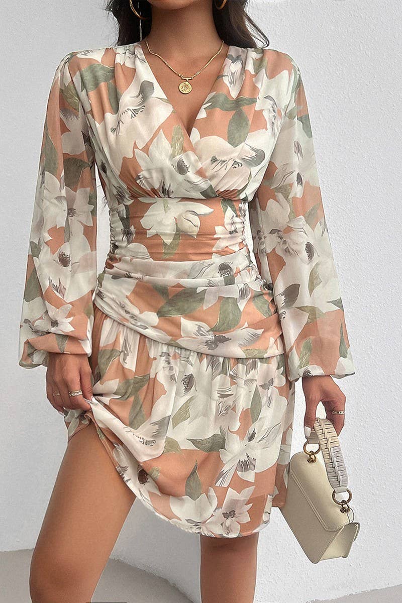 CWDSD6495_V-NECK PRINTED WAIST LONG-SLEEVED DRESS