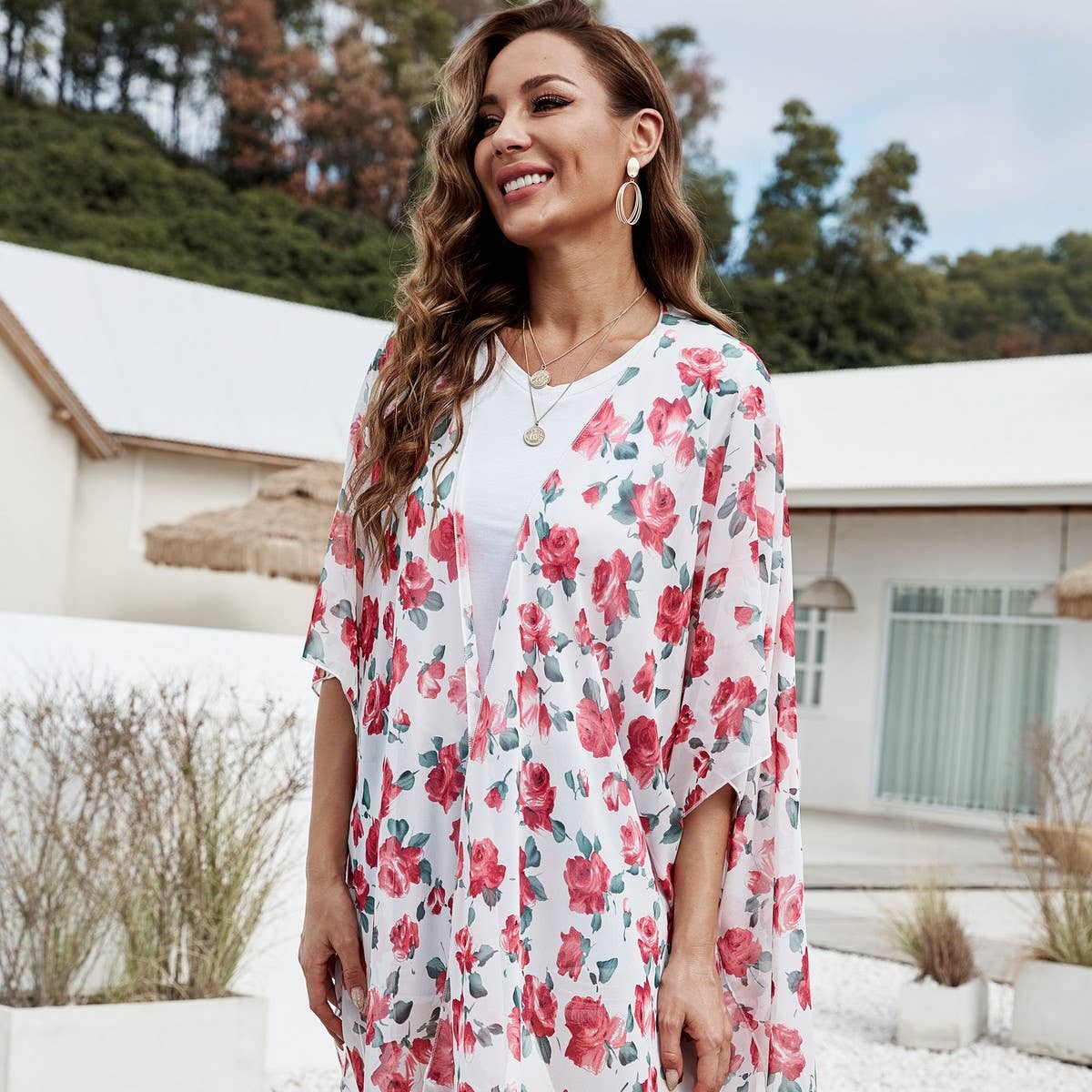 FLORAL PRINT FRONT OPEN KIMONO FOR SUMMER VACATION