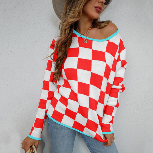 Plaid Color Matching Pullover Crew-Neck Sweater