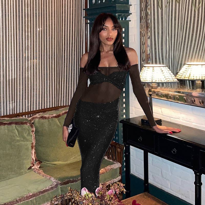 Off Shoulder Sheer Glitter Mesh Dress