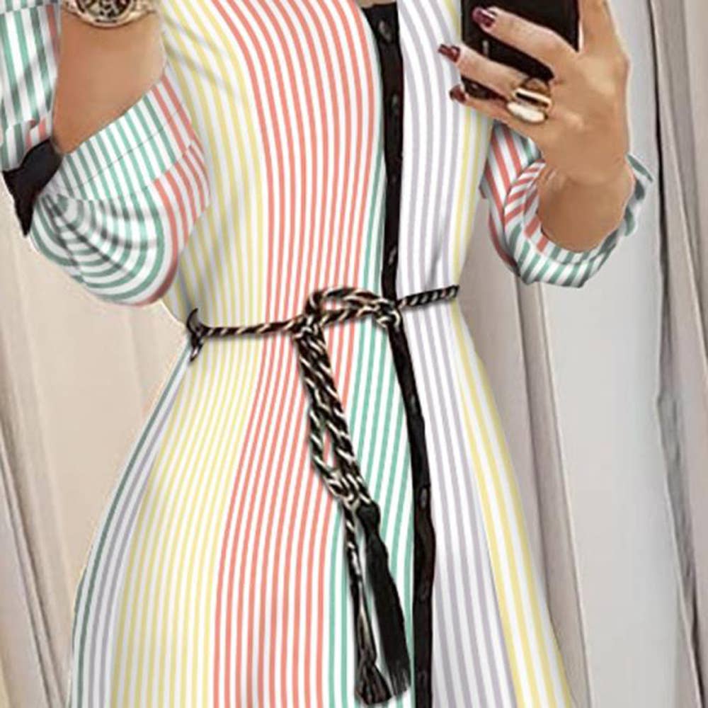 STRIPED LAPEL LONG-SLEEVED DRESS WITH LACE-UP