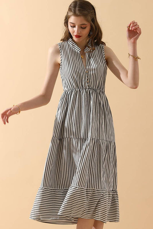 CWDMD821_STRIPE SLEEVELESS SHIRT COLLAR CANCAN DRESS