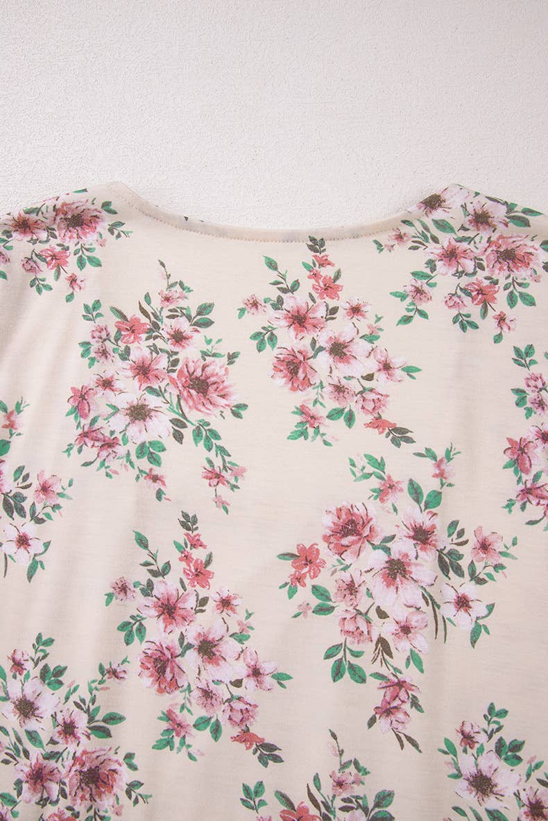 U-NECK FLORAL PRINT PLEATED LONG-SLEEVED TOP