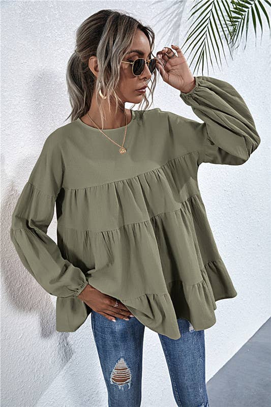SOLID COLOR ROUND NECK LANTERN SWING LOOSE TOP