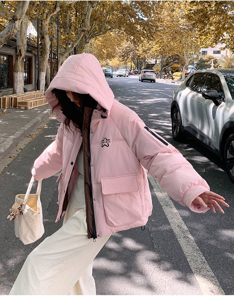 Solid color hooded warm winter padded jacket