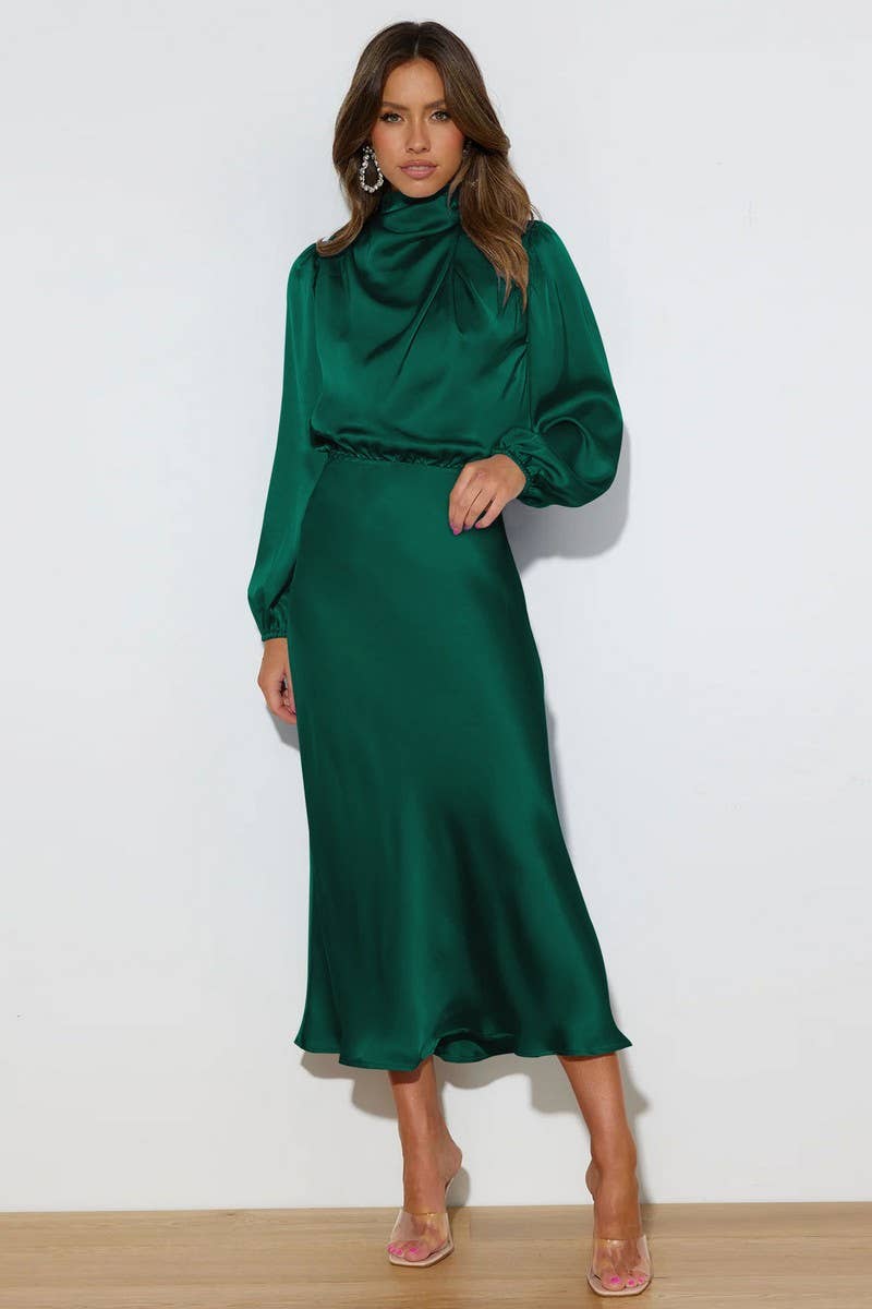 SOLID COLOR SATIN LONG SLEEVED LOOSE DRESS_CWDMD1311