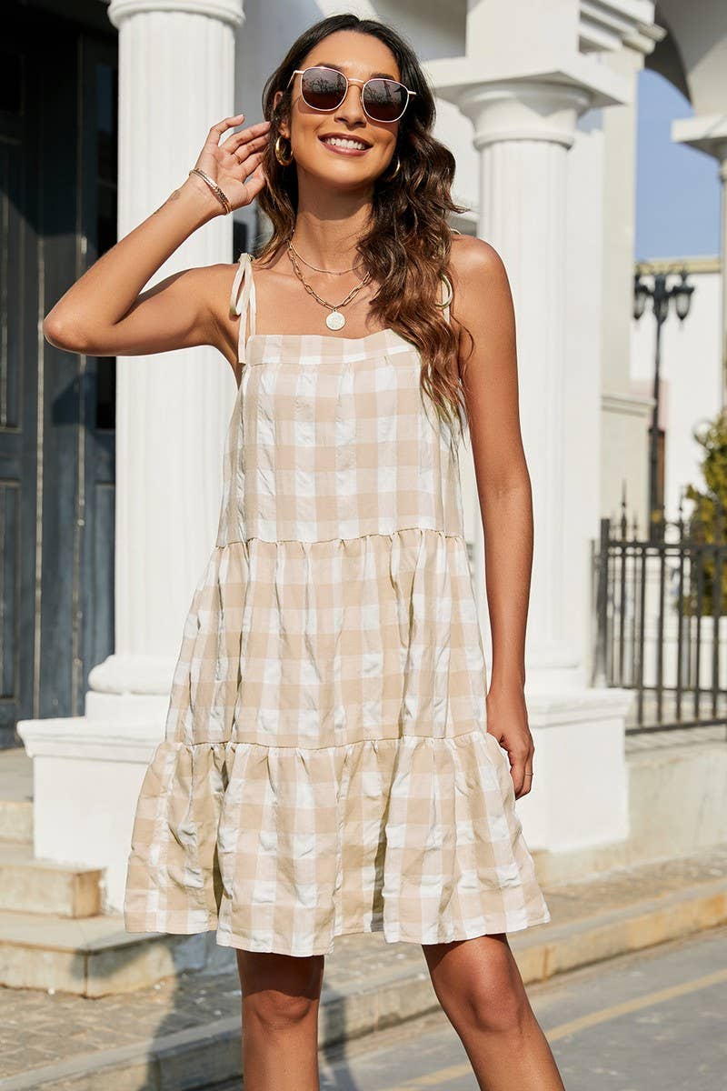 CWDSD2703_Shoulder Tied Tiered Plaid Dress
