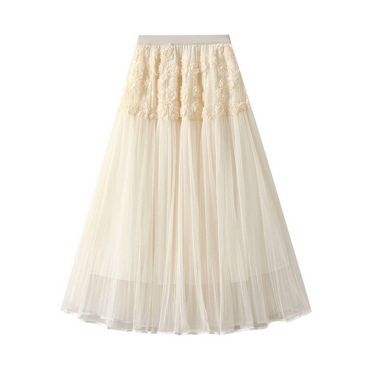 3D Floral Tulle High-Waist A-Line Maxi Skirt_CWBMS0373