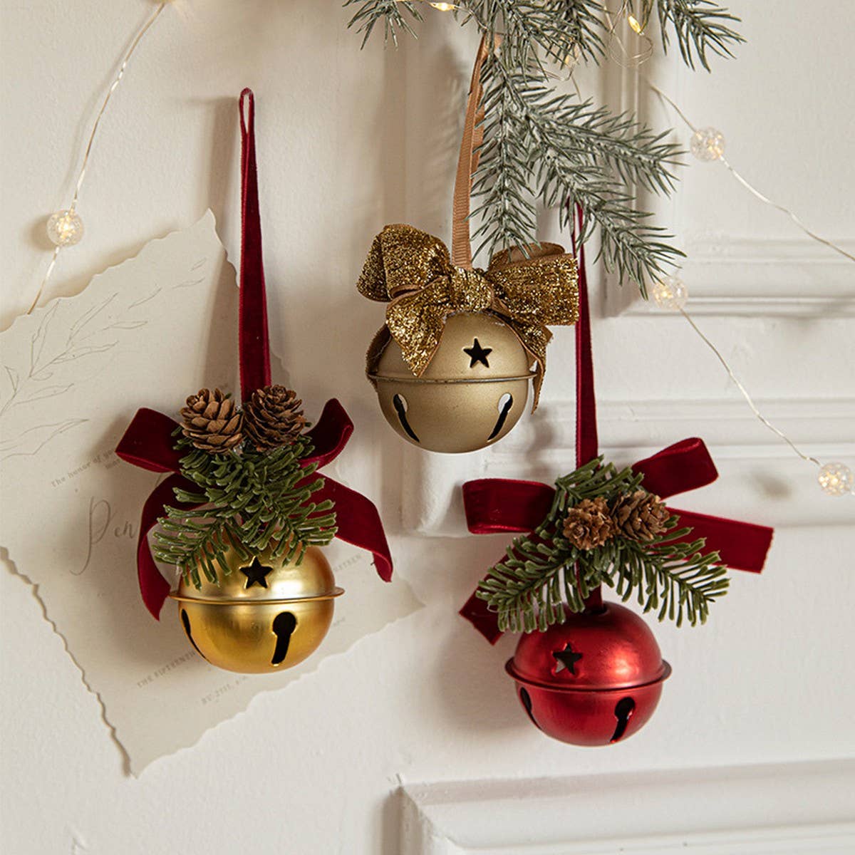 CWMM10369_CHRISTMAS RED VELVET BOW BELL ORNAMENTS DECOR