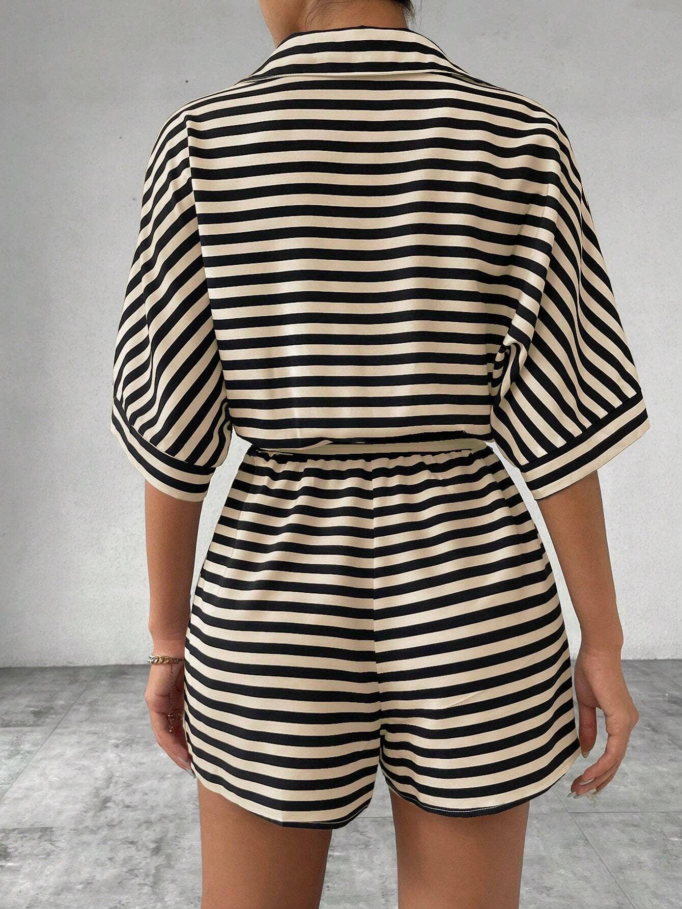 Women¡¯s striped buttoned cardigan romper