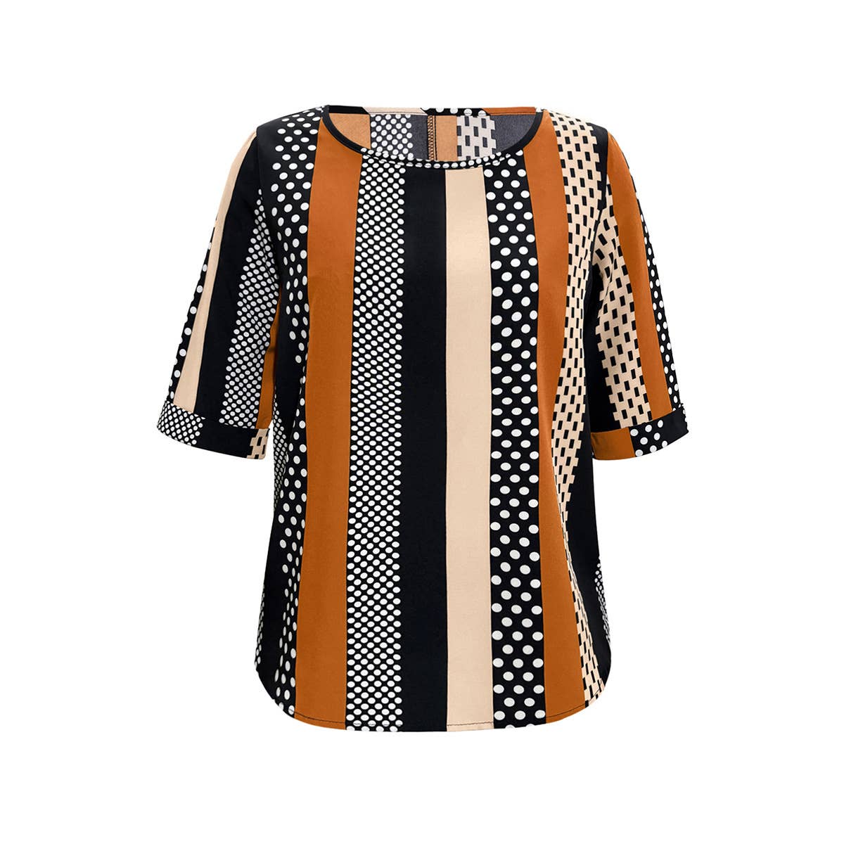 STRIPED POLKA-DOT CREW NECK MID-SLEEVE TOP