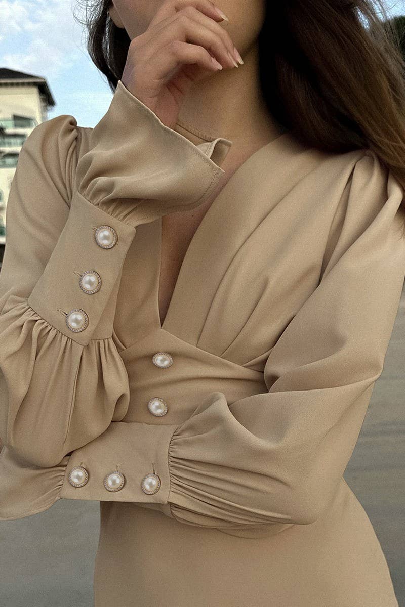 CWDMD4260_LANTERN SLEEVE V-NECK RETRO SLIM DRESS