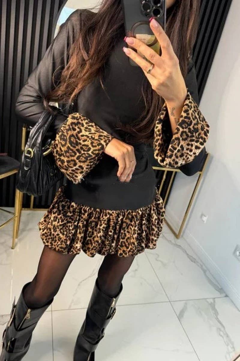 CWDSD994_LEOPARD PRINT PANELED BELL-SLEEVE MINI DRESS