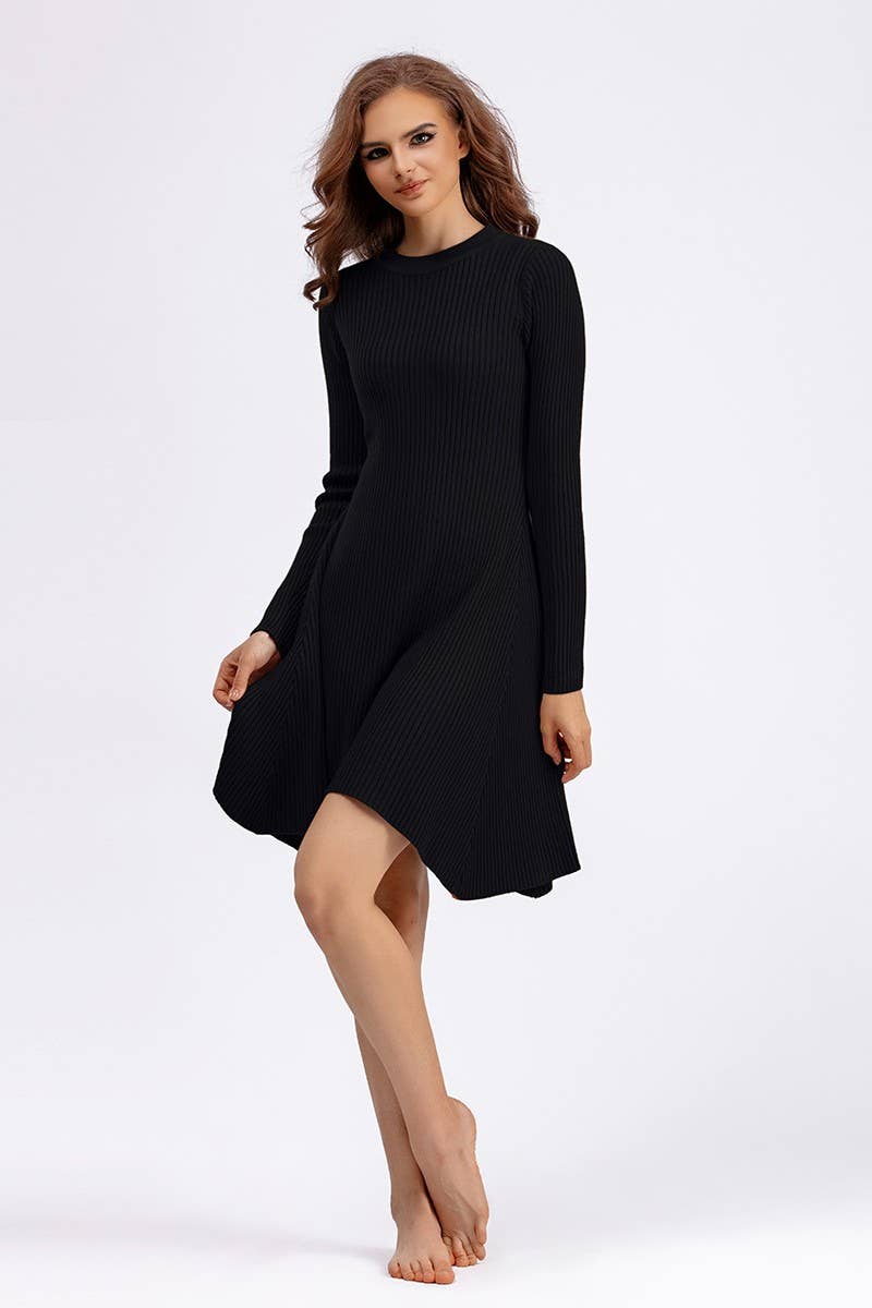 CWDSD10804_SOLID KNIT LONG SLEEVE A-LINE BODYCON DRESS