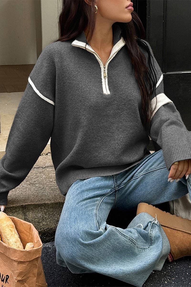 CWOSWL07487_CASUAL SIMPLE SOLID LONG SLEEVE ZIP SWEATER