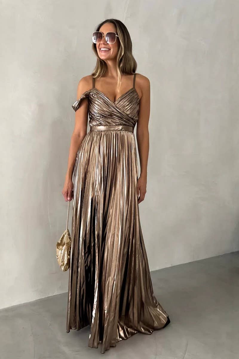 CWDHL0942_V-NECK ELEGANT TEMPERAMENT SEXY WAIST HALTER DRESS