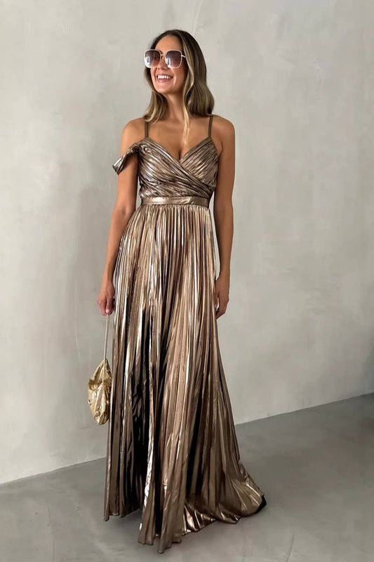 CWDHL0942_V-NECK ELEGANT TEMPERAMENT SEXY WAIST HALTER DRESS