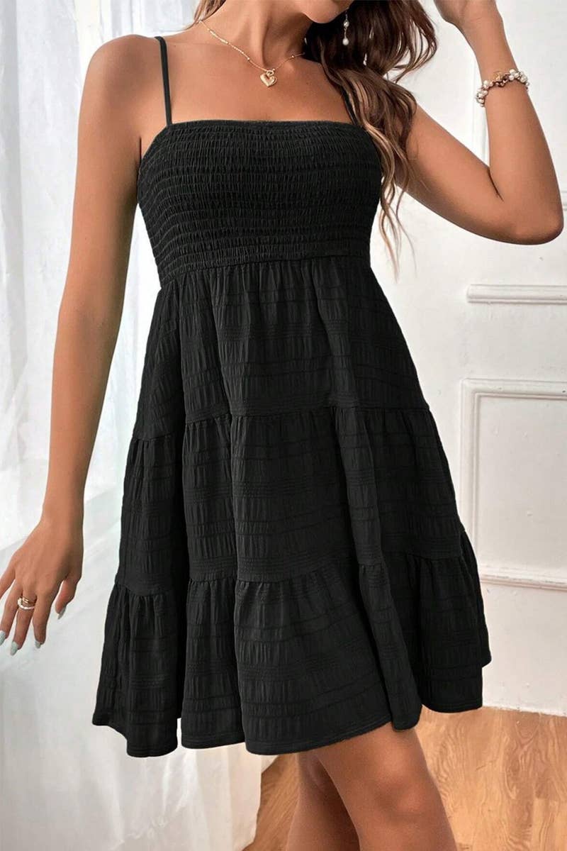 CWDHL0739_SUMMER SOLID COLOR TEXTURED SUSPENDER DRESS