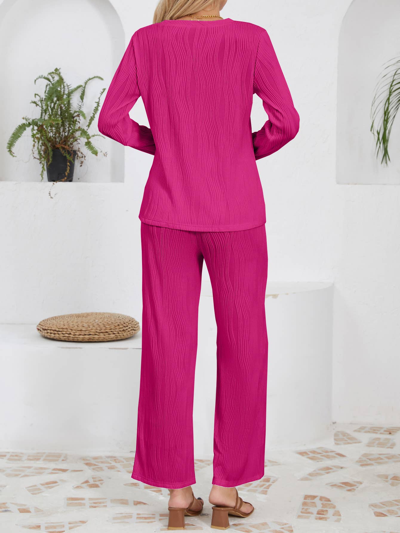 Solid-color knitted jacquard long loose suit