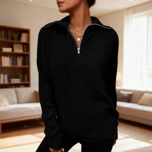 Solid-color high-neck zipper lapel sweater