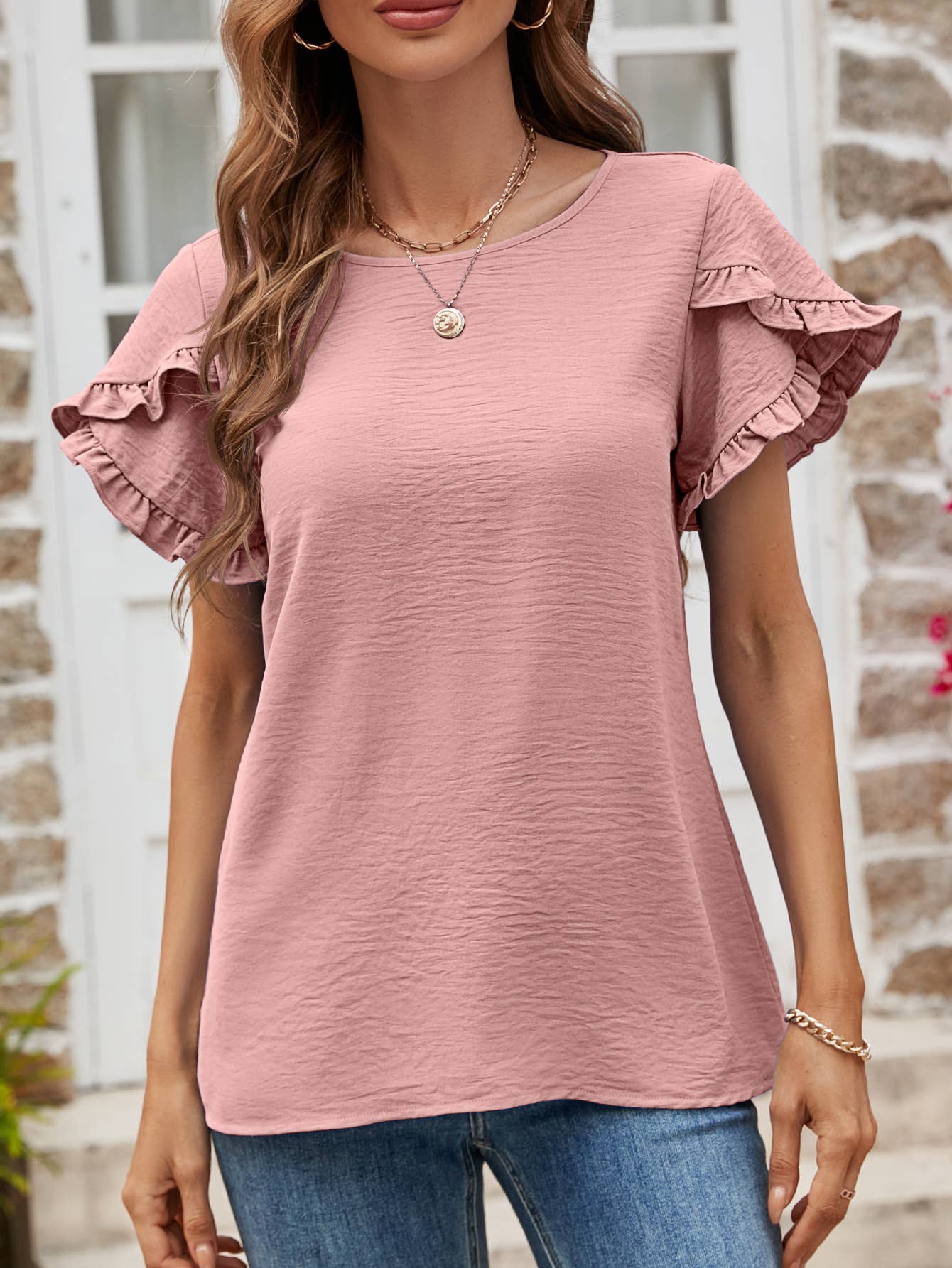 Solid color round neck lace casual T-shirt
