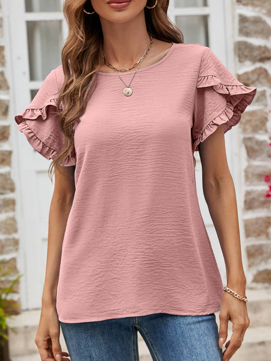 Solid color round neck lace casual T-shirt