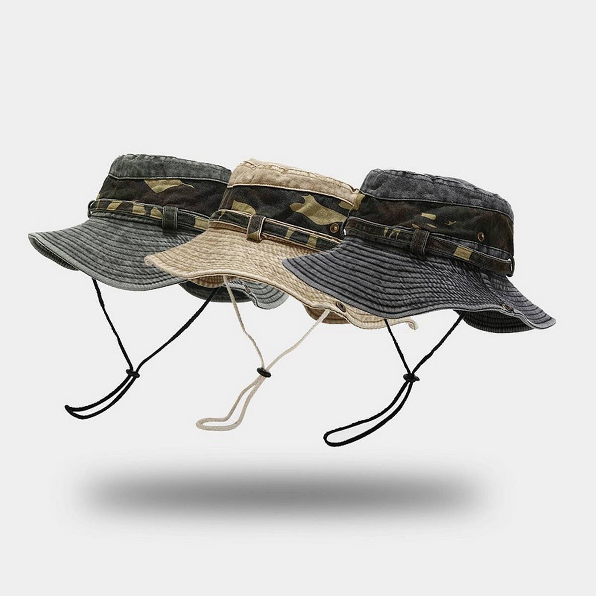 Camouflage Wide Brim Sun Hat with Chin Strap_CWAH3827