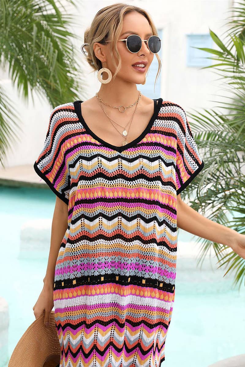 CWTBLS1747_SUMMER COLORFUL HOLLOW BEACH SWIMSUIT COVER UP