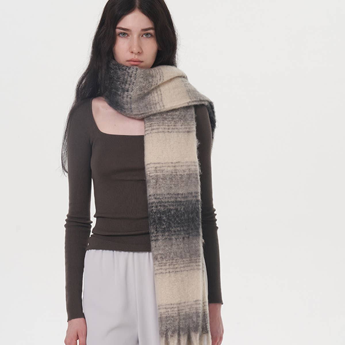 Plaid Stripe Scarf ??Wide Faux Cashmere Wrap_CWASC0333