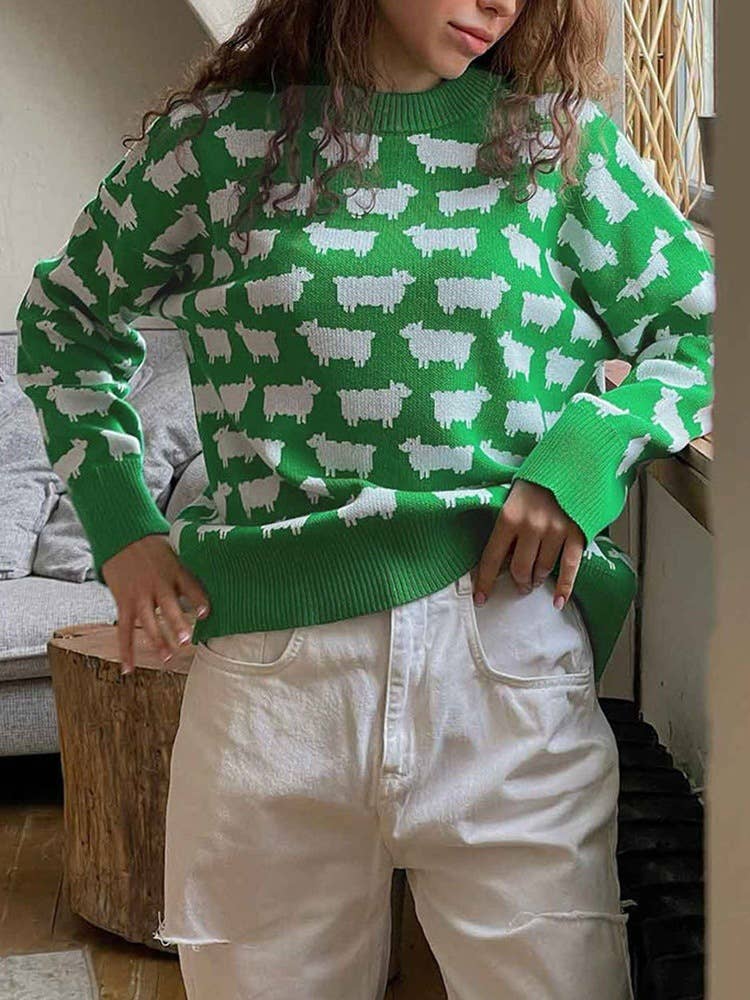 ALPACA PRINT LOOSE CASUAL KNIT SWEATER FOR WOMEN