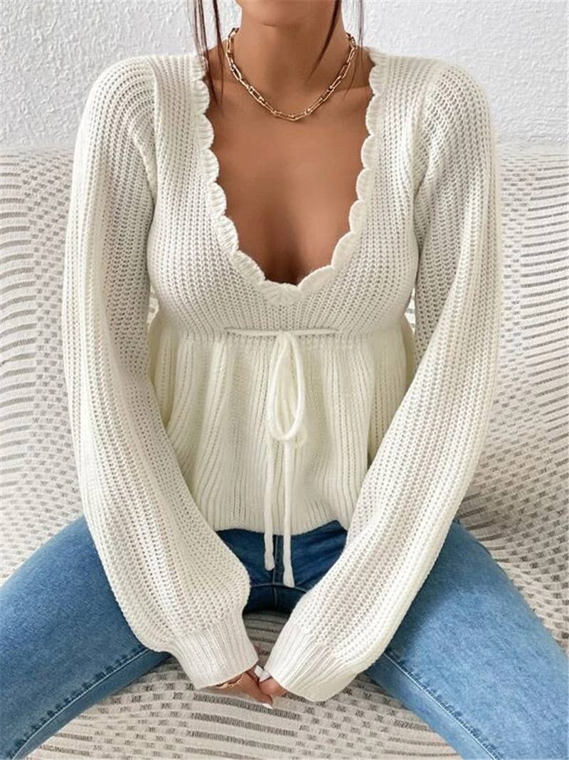 V-neck drawstring tie ruffled hem knit sweater
