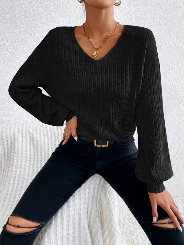V-NECK DROP SHOULDER SLEEVED T-SHIRT LOOSE KNIT