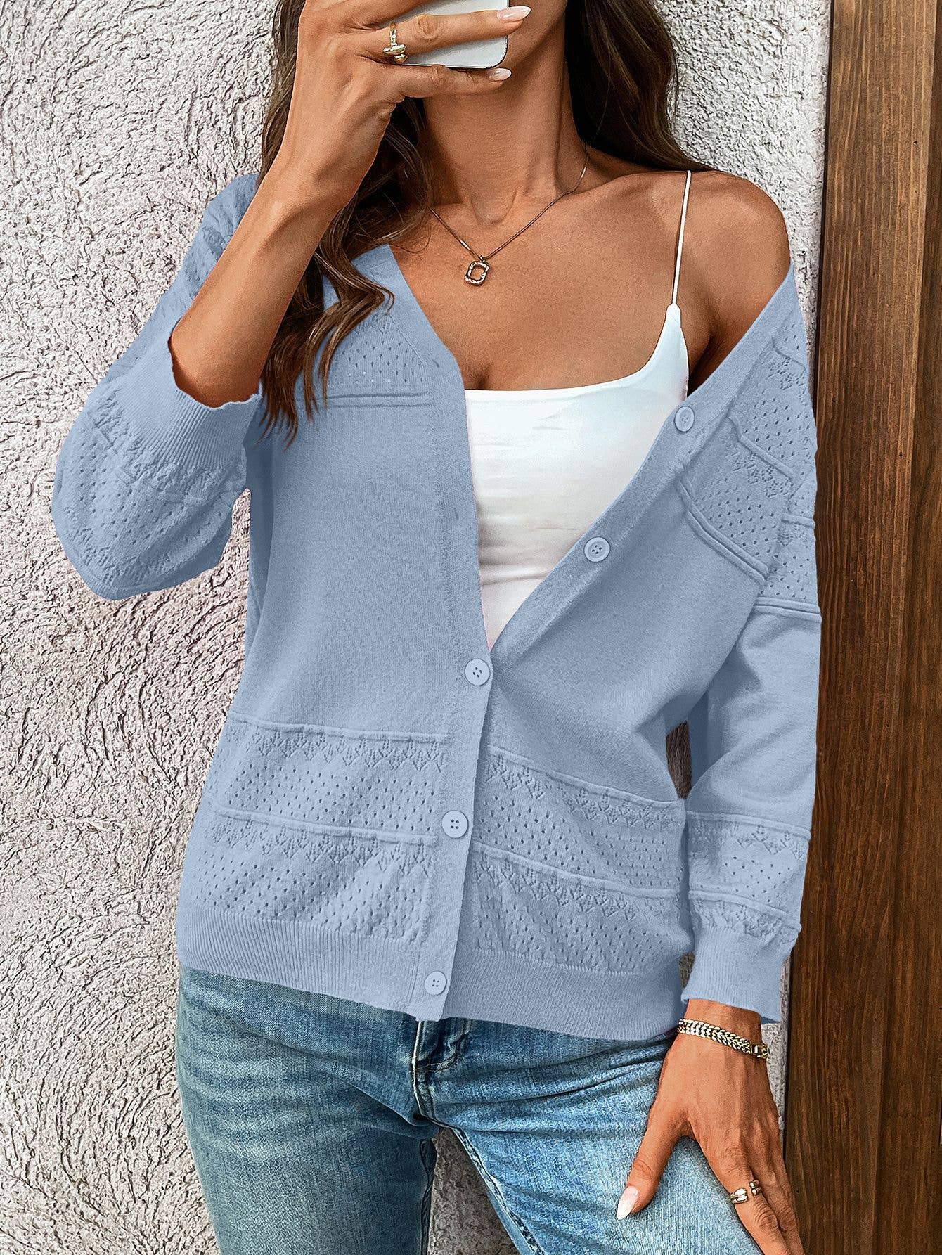 Three-quarter sleeve hollowed-out V-neck cardigan