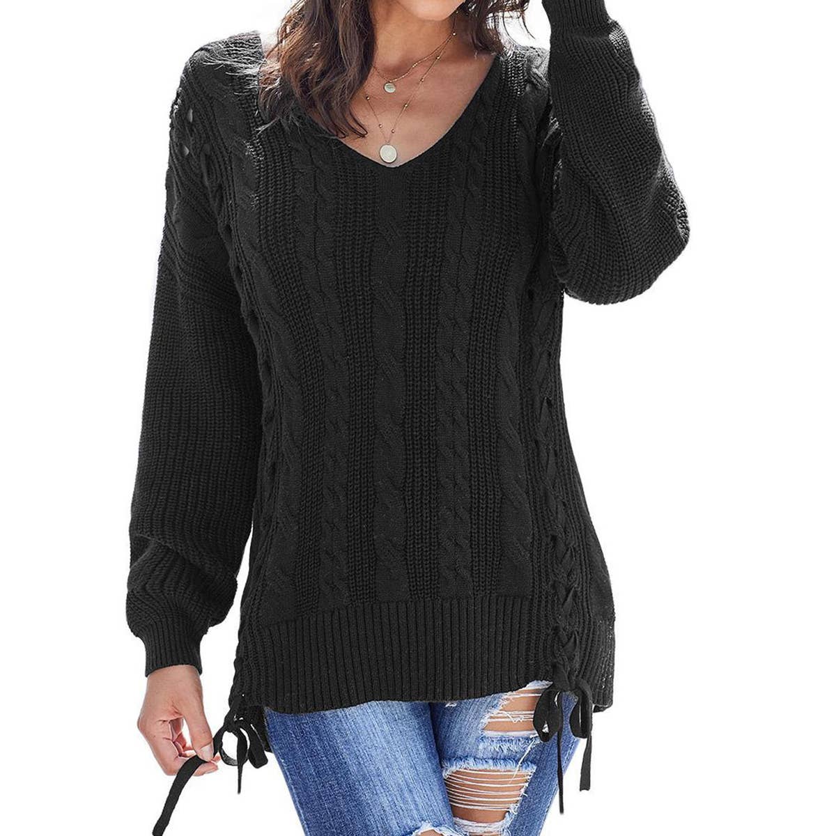 Knit lace solid color V-neck long-sleeved pullover sweater