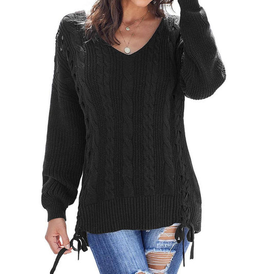Knit lace solid color V-neck long-sleeved pullover sweater