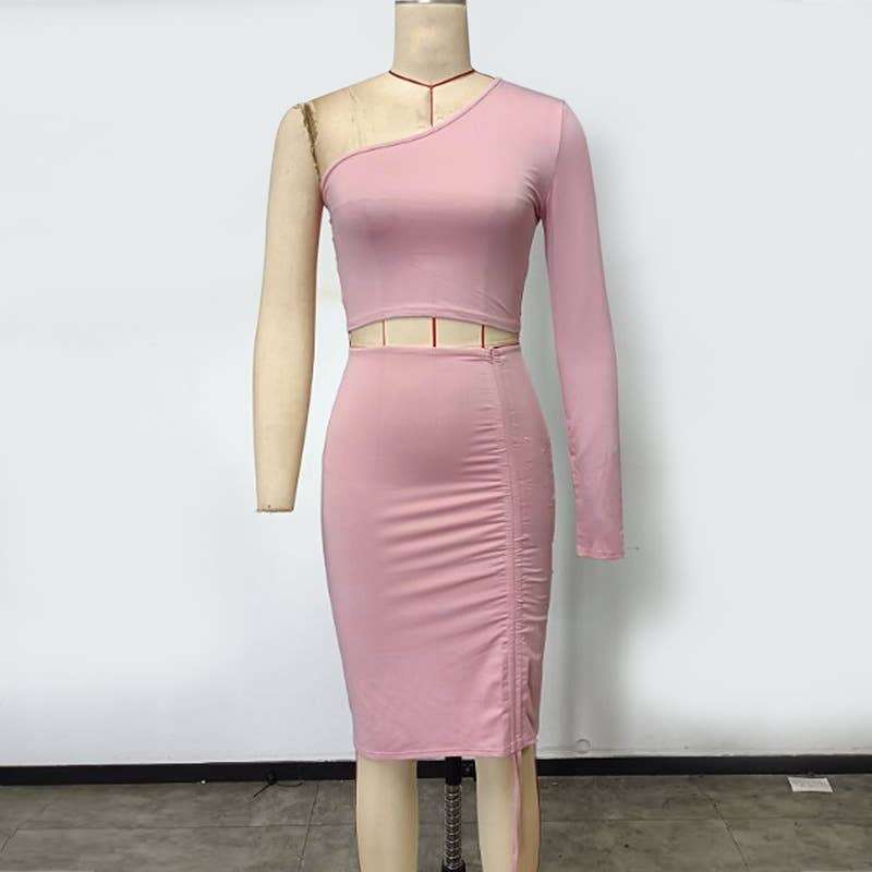 One Shoulder Crop Top and Ruched Skirt Set