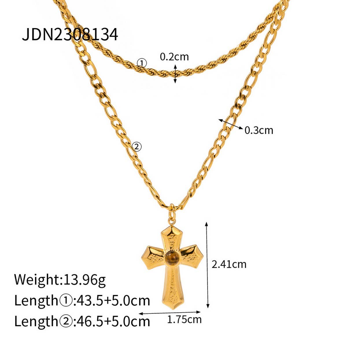 FRENCH PLEATED GOLD CROSS DOUBLE NECKLACE