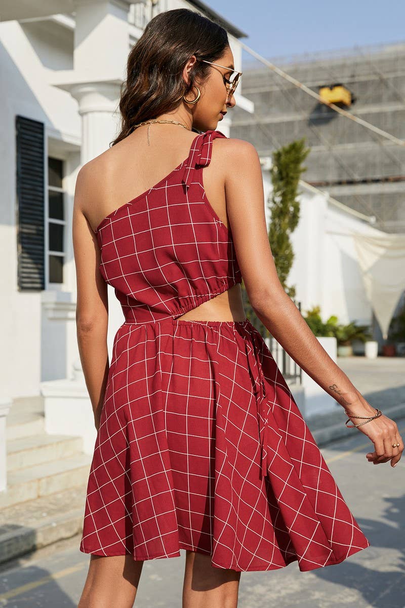 CWDSD2707_One Shoulder Tied Tiered Detailed Plaid Dress