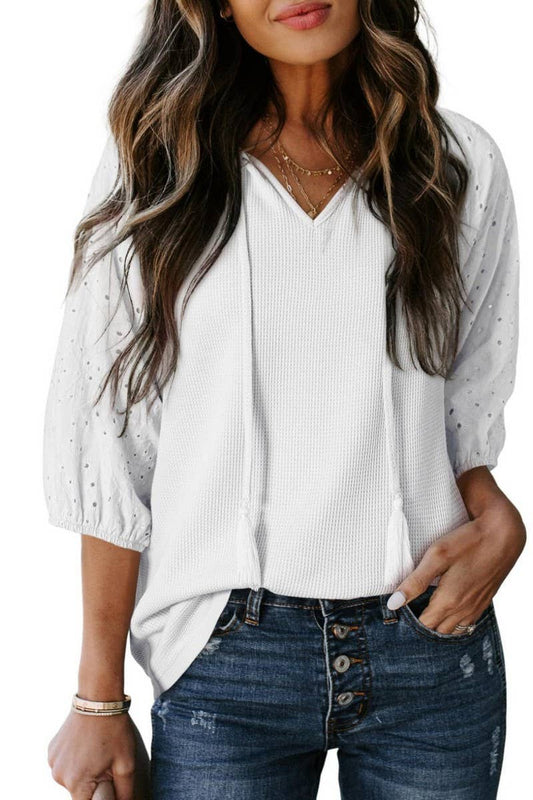 CWOHOS0021_SUMMER DRAWSTRING HOLLOW V-NECK SLEEVE T-SHIRT