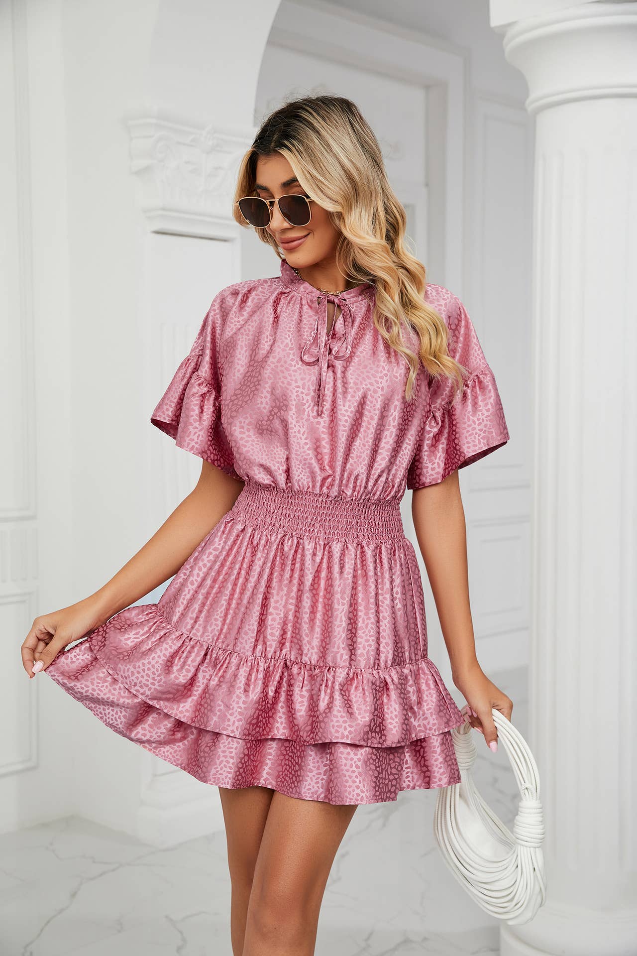 SATIN WAISTLINE V-NECK RUFFLED SKIRT DRESS