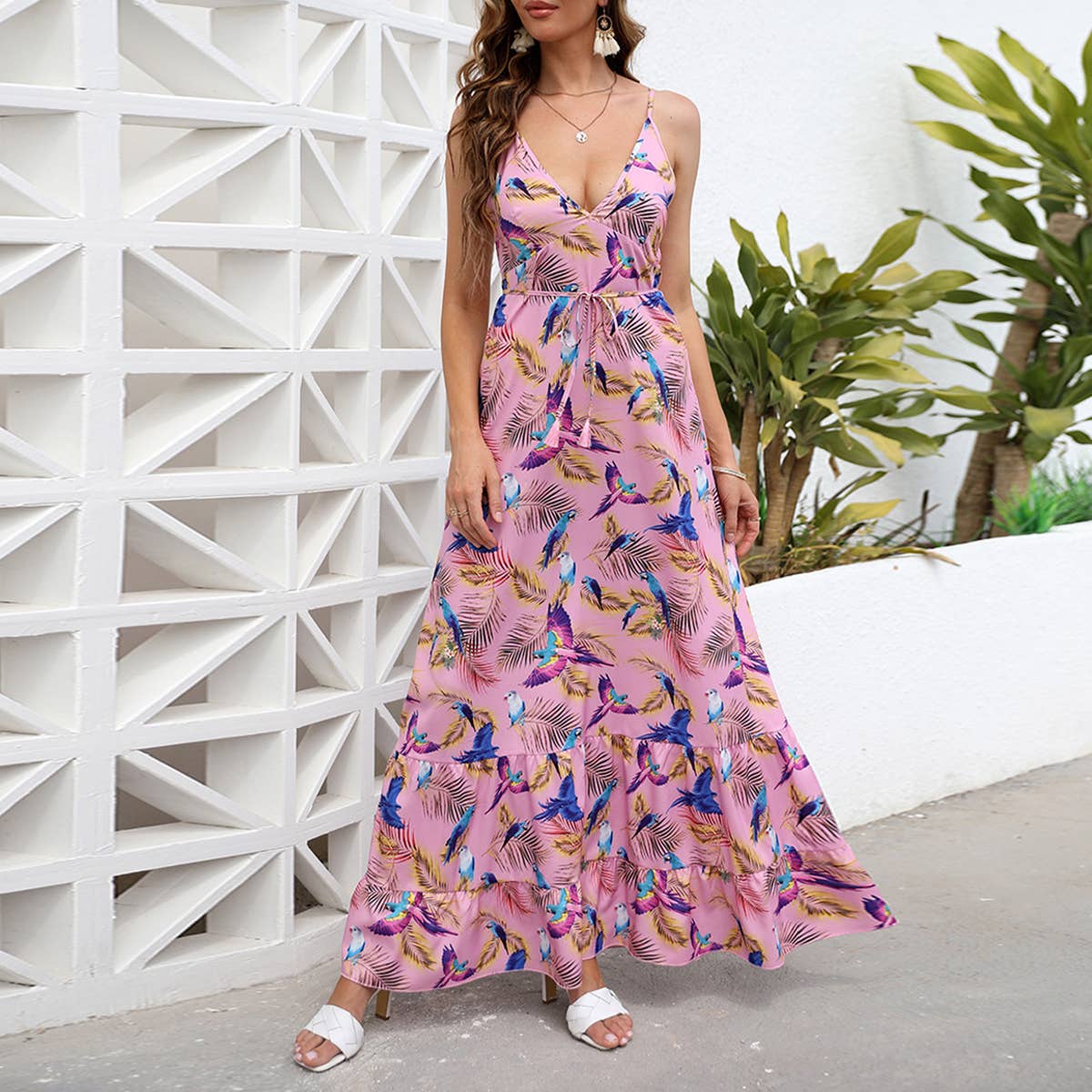 V-NECK WAISTBAND PRINT DRESS