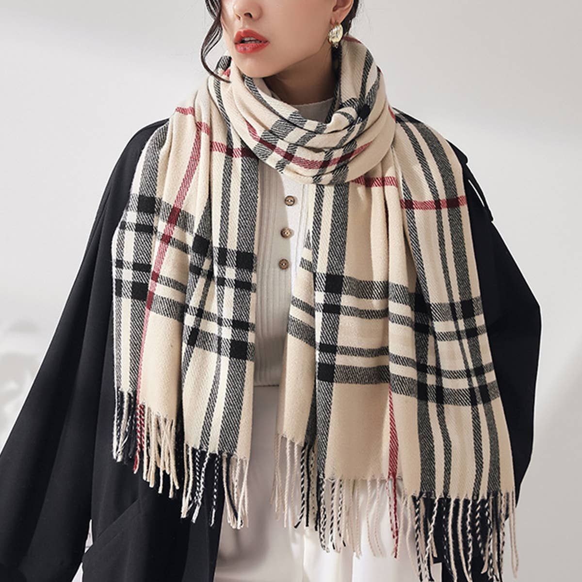 Plaid Faux Cashmere Scarf - Sweet Mid-Length Wrap_CWASC0190