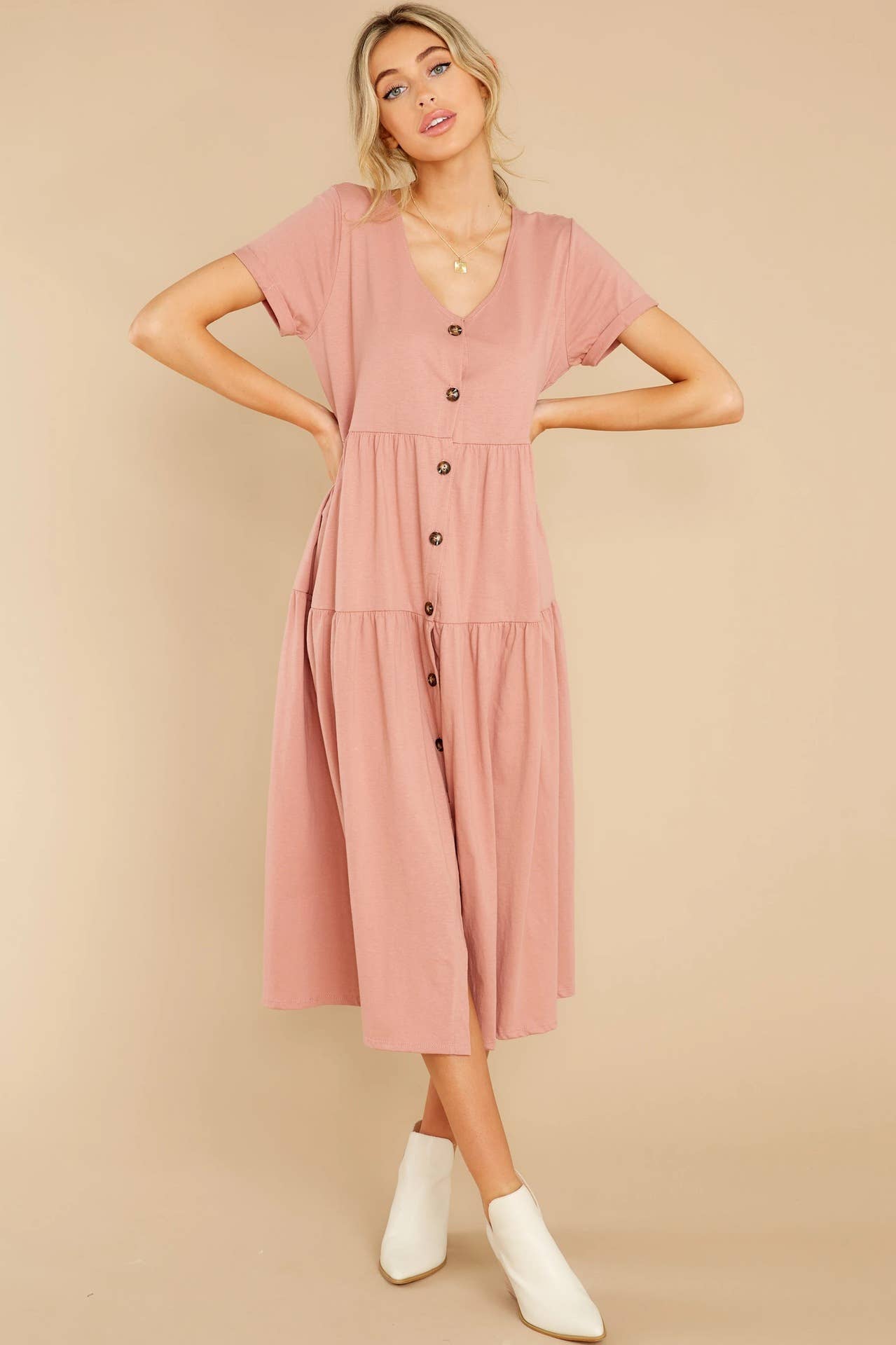 V-neck single-breasted pleated loose long dress