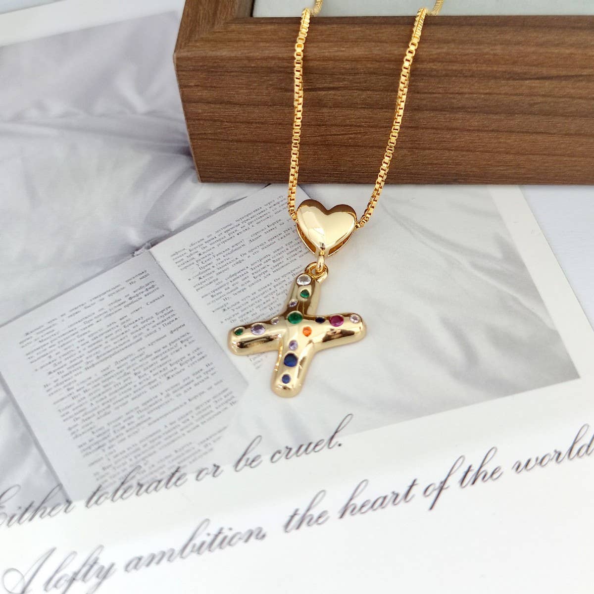 Colorful Zirconia Heart Letter Pendant Necklace