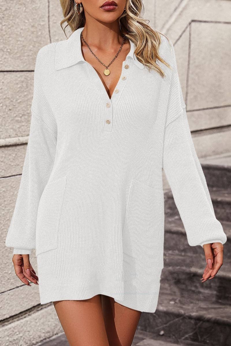 CWDSD6487_LAPEL BUTTON-DOWN LONG-SLEEVED SWEATER DRESS